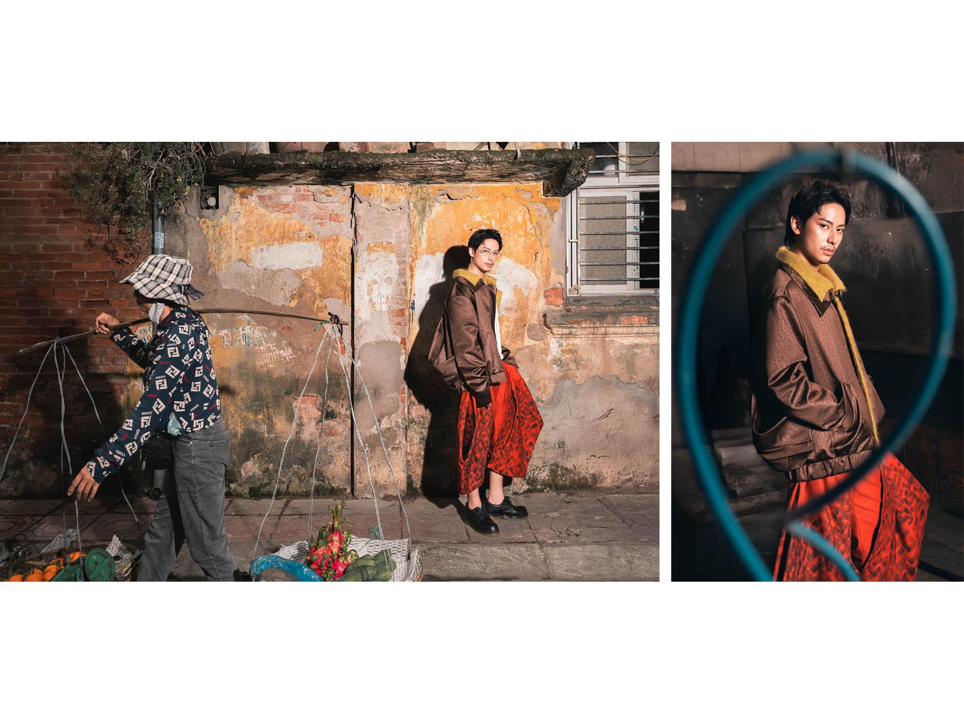 This look is inspired by the familiar image of Hanoi’s street vendors carrying bamboo baskets balanced on both shoulders. The hand-painted details reinterpret these woven baskets, while the back of the garment draws from the way local workers often carry a conical hat behind them.