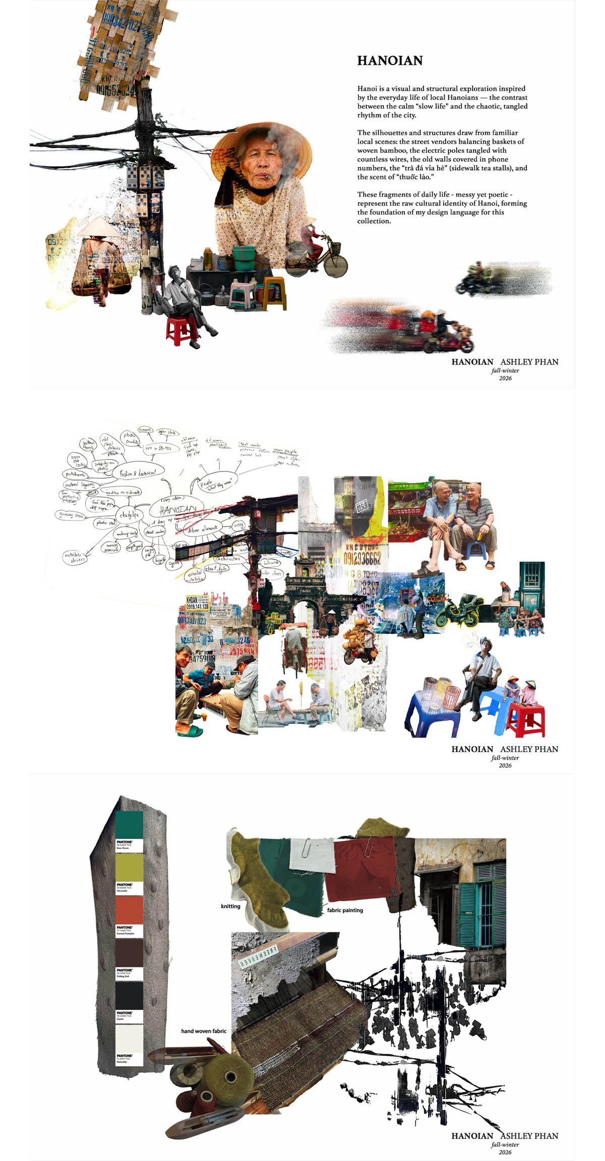 Hanoian explores the visual rhythm of Hanoi’s everyday life, where quiet sidewalk moments exist alongside tangled wires, weathered walls, and constant urban movement. The collection translates these familiar street fragments into a contemporary fashion language.
The material direction draws from Hanoi’s aged surfaces and street palette: moss green, faded yellow, brick red, earthy brown, cable black, and off-white. Hand weaving, knitting, and fabric painting are used to reinterpret the textures of old walls, bamboo baskets, and tangled city lines.