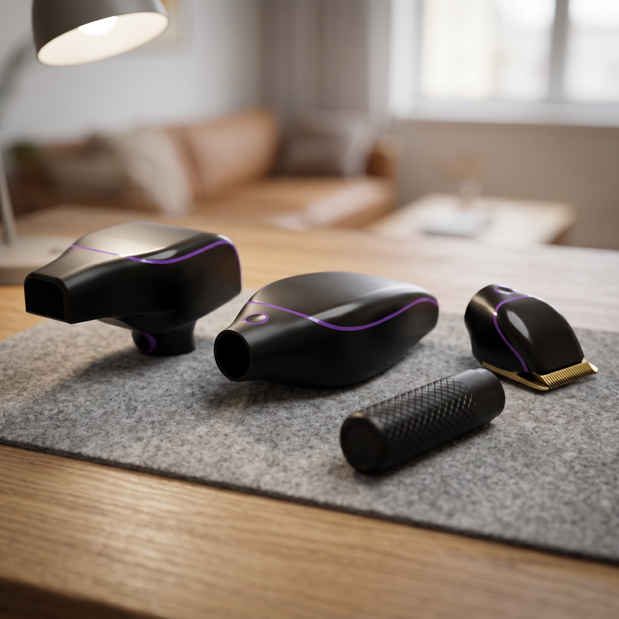 This is a render of Mod FX, on a table in an apartment, set up ready for a mobile barber appointment.