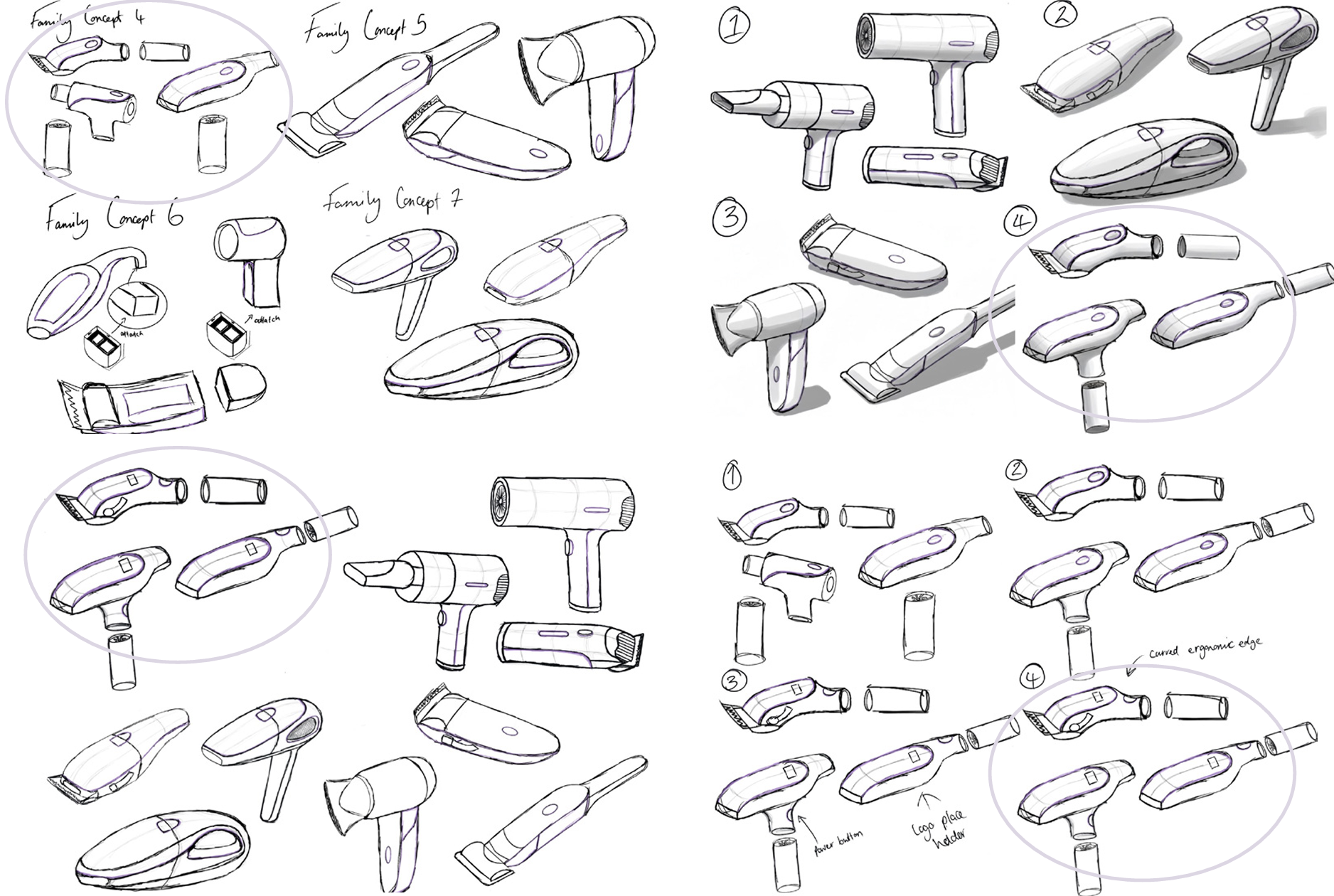 This is the development of different design concepts. The highlighted sketches are the strongest concepts that gradually get refined into the final concept.