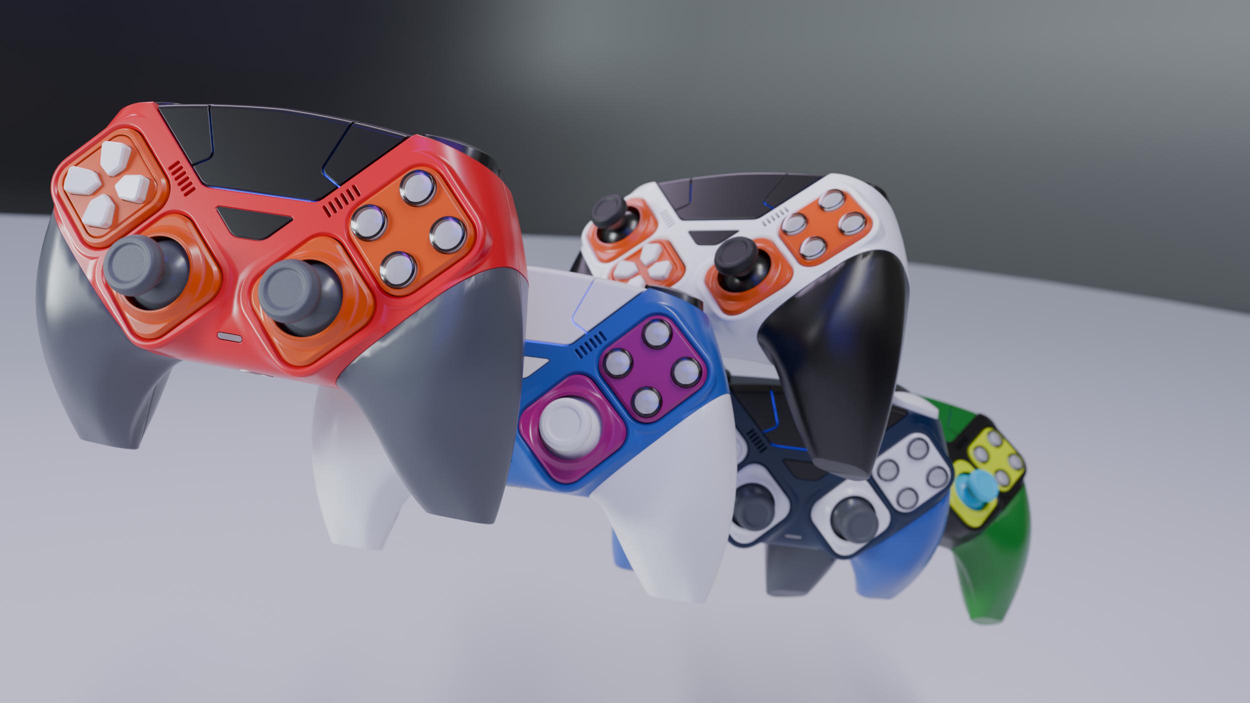 The controller comes in different colorways and configurations, highlighting how the main body stays consistent while the handles, buttons, and thumbsticks can be swapped out. This allows the layout and feel of the controller to adapt easily to different play styles and user preferences.