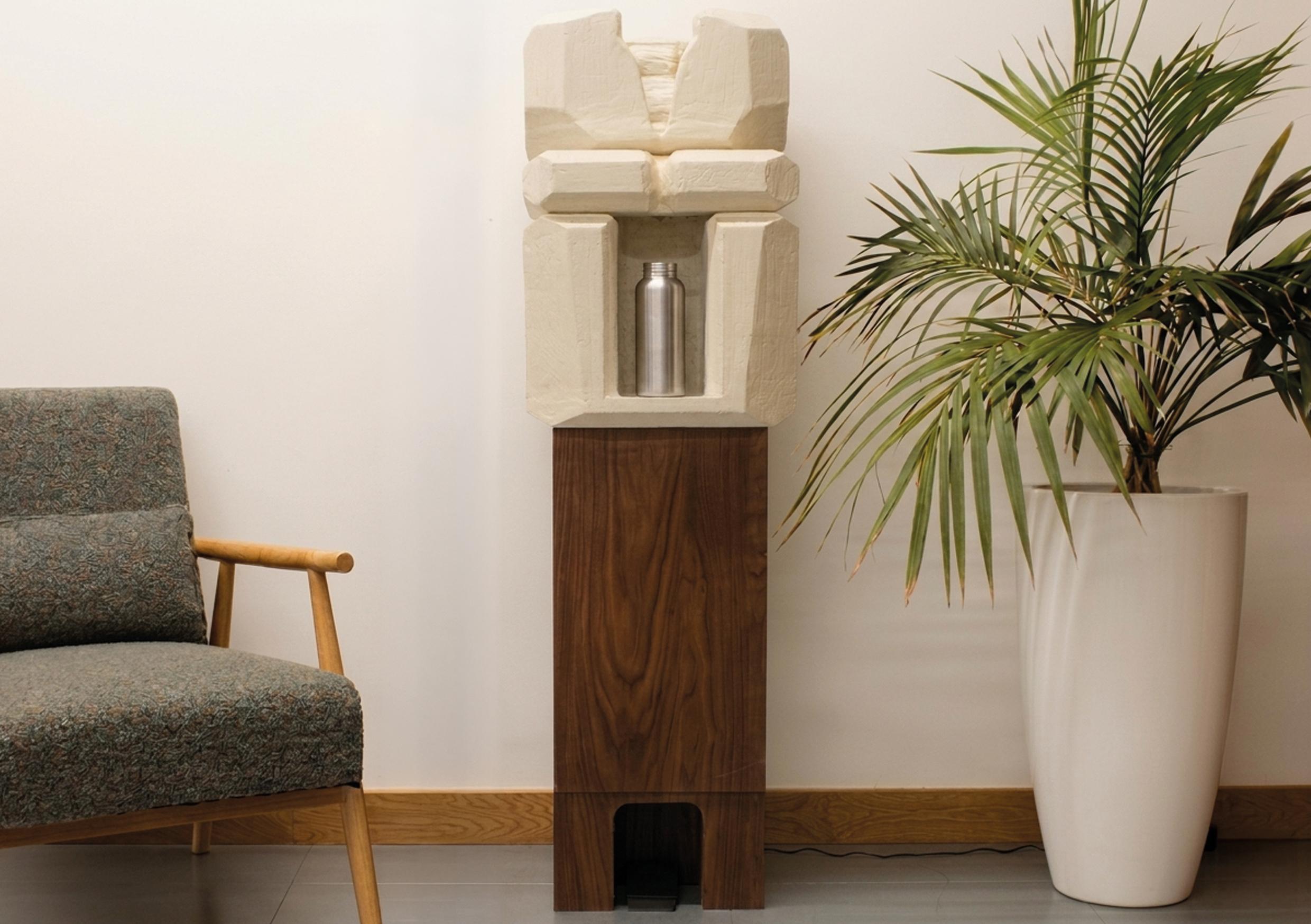 An update to the office water cooler, an overlooked object, redesigned to hold presence without demanding attention. Activated by a foot pedal, water cascades into a drinking vessel, creating a more intentional interaction.
