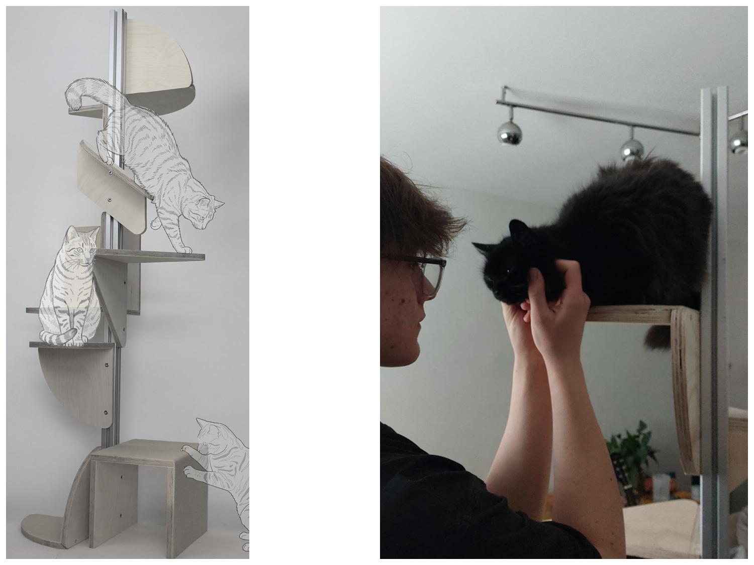 Baum uses height to it's advantage, encouraging natural behaviours such as climbing and exploration. With research finding that cats love changing environments, being easily able to adjust the track on the frame is a benefit. This can also allow for the cat and owner to be at eye level, strengthening the bond we have with our pets.