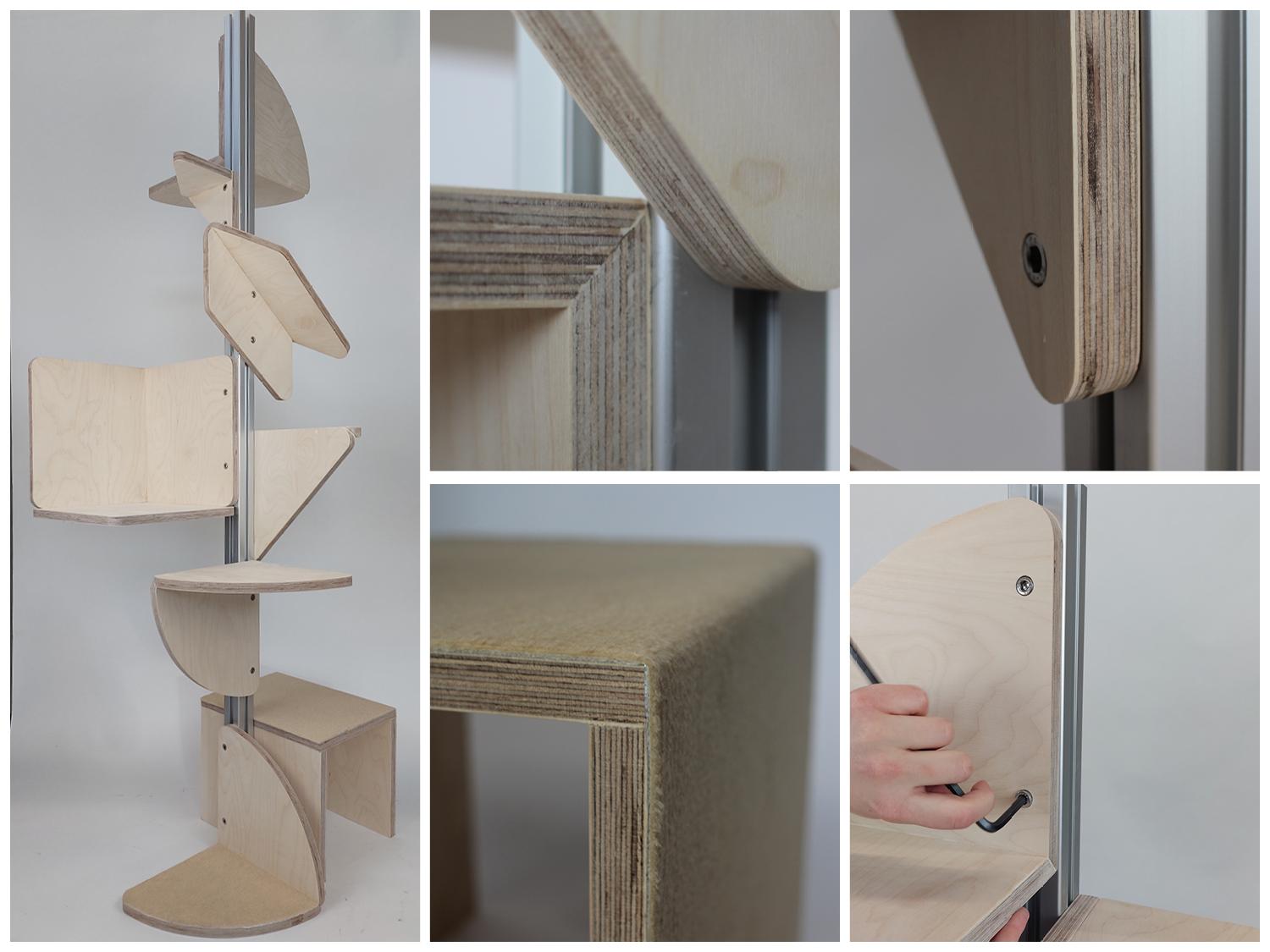 Birch plywood pieces attached to an aluminium frame, utilising a T nut and bolt, fastened with an alan key.