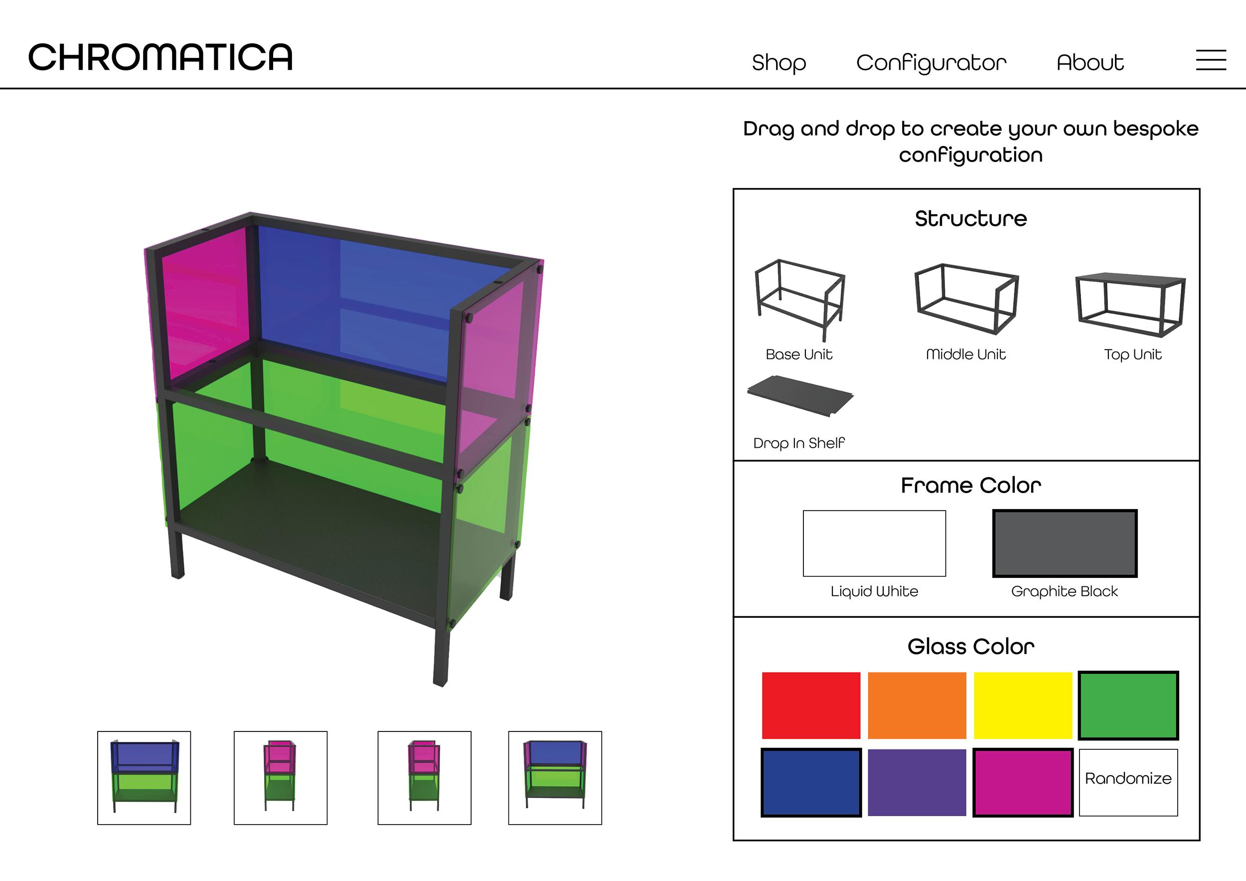 The Chromatica Configurator allows customers to create their own bespoke shelf. Starting with a base unit, additional modules can be stacked on top. By using the drag-and-drop functionality, customers can define the color of the frame as well as the glass panels or utilize the randomize button to help them create a colorway.
