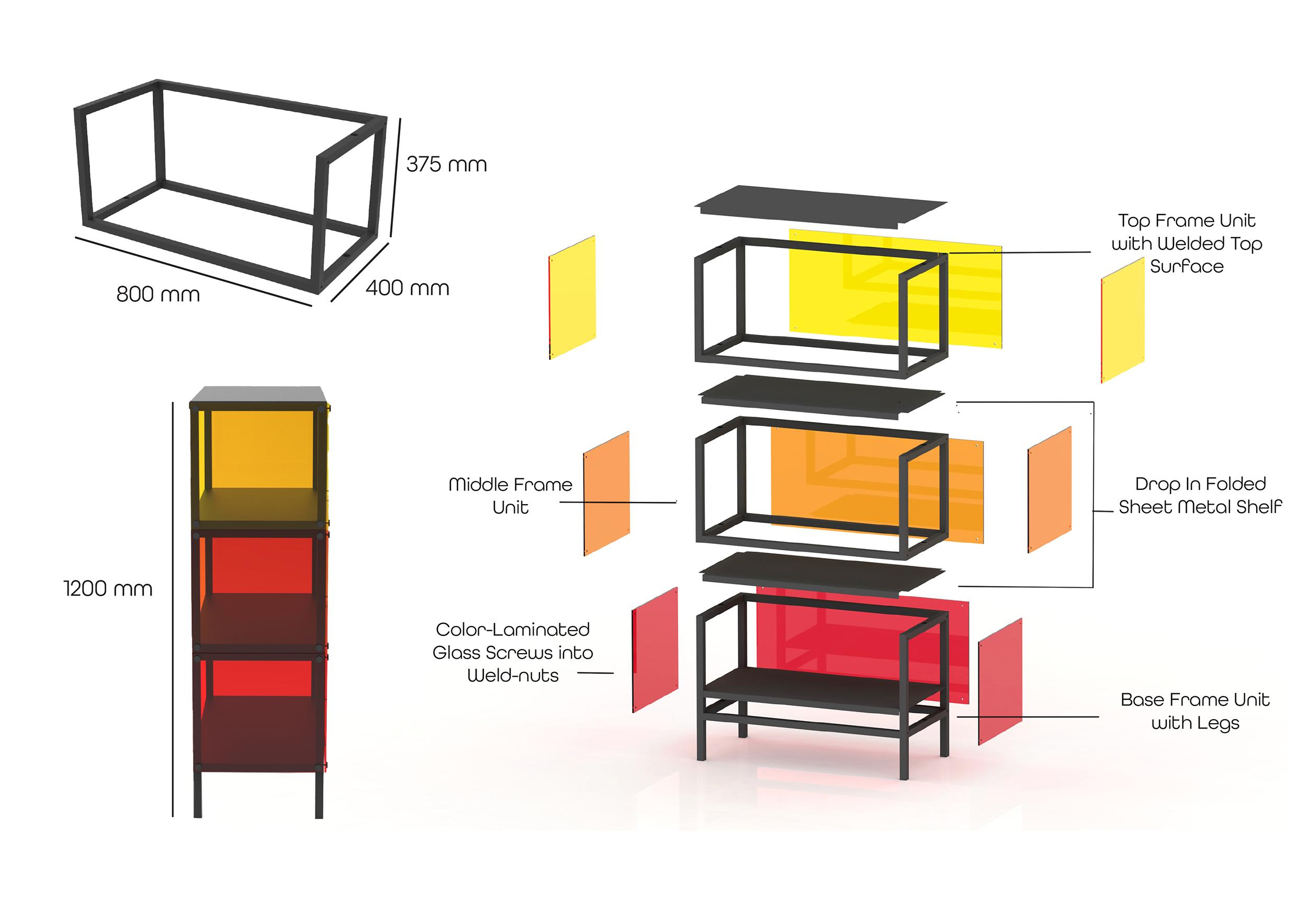 Exploded view and dimensions of a Three Unit Chromatica Shelf