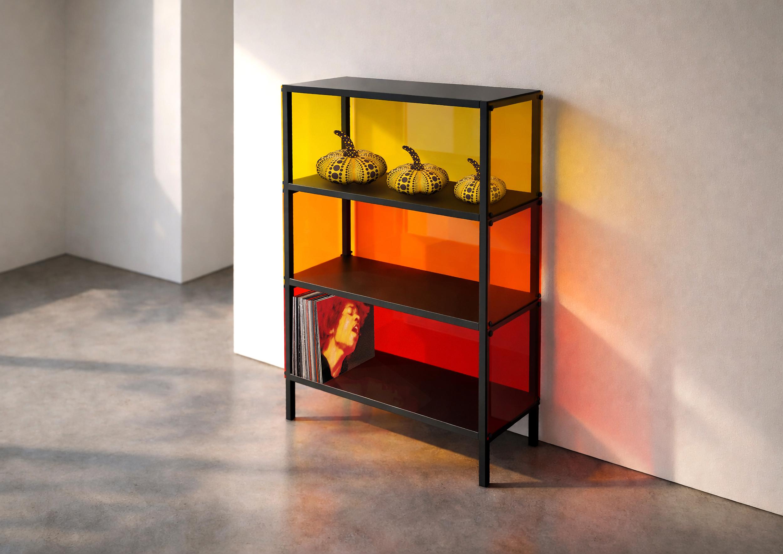Designed in response to design convergence towards boring, minimal products, the Chromatica Shelving System allows customers to inject a pop of color into their living space. Made from a powder-coated steel box section, folded steel sheet, and color-laminated glass, this modular system can be configured and custom-ordered directly to the consumer.