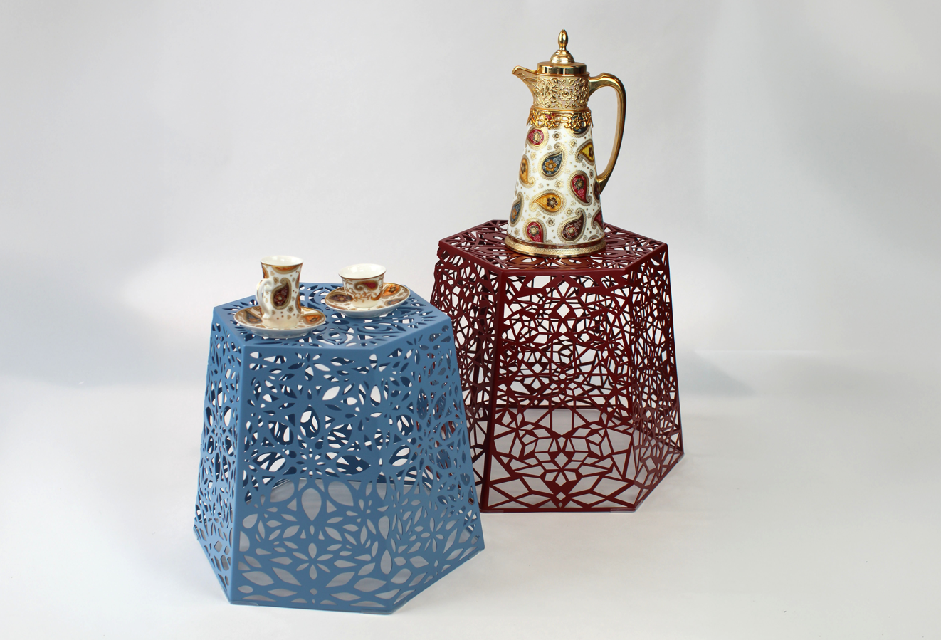 Islamic pattern and motifs influence the table design, they are produced as a set of two due to the Islamic belief of everything being created in pairs.
