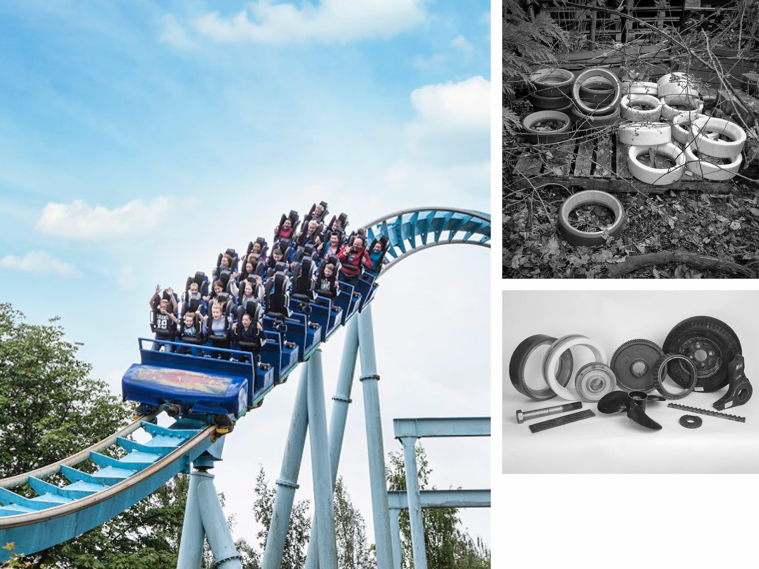 The Circular Souvenir is a project created in collaboration with Drayton Manor Theme Park that transforms retired ride parts into authentic souvenirs. Much like cars, theme park rides rely on thousands of components that naturally wear out over time and need replacing. While some of these parts can be recycled, others are too costly or complex to process efficiently, meaning they are often sent to landfill or left unused in storage.