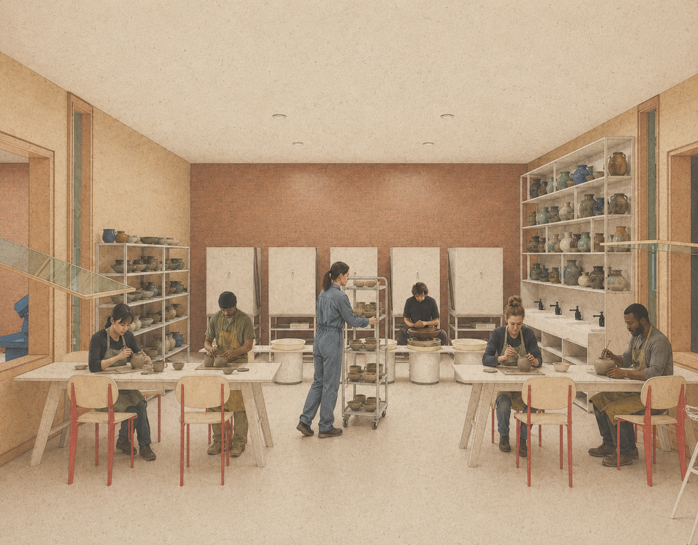 This image illustrates the pottery studio located on the ground floor, featuring connecting windows on either side of the space that provide visual and physical links to adjacent studios. These openings encourage interaction between different creative practices, offering views into workshops where activities such as woodworking and metalworking take place. The design promotes collaboration, transparency, and a shared sense of making across the building.
