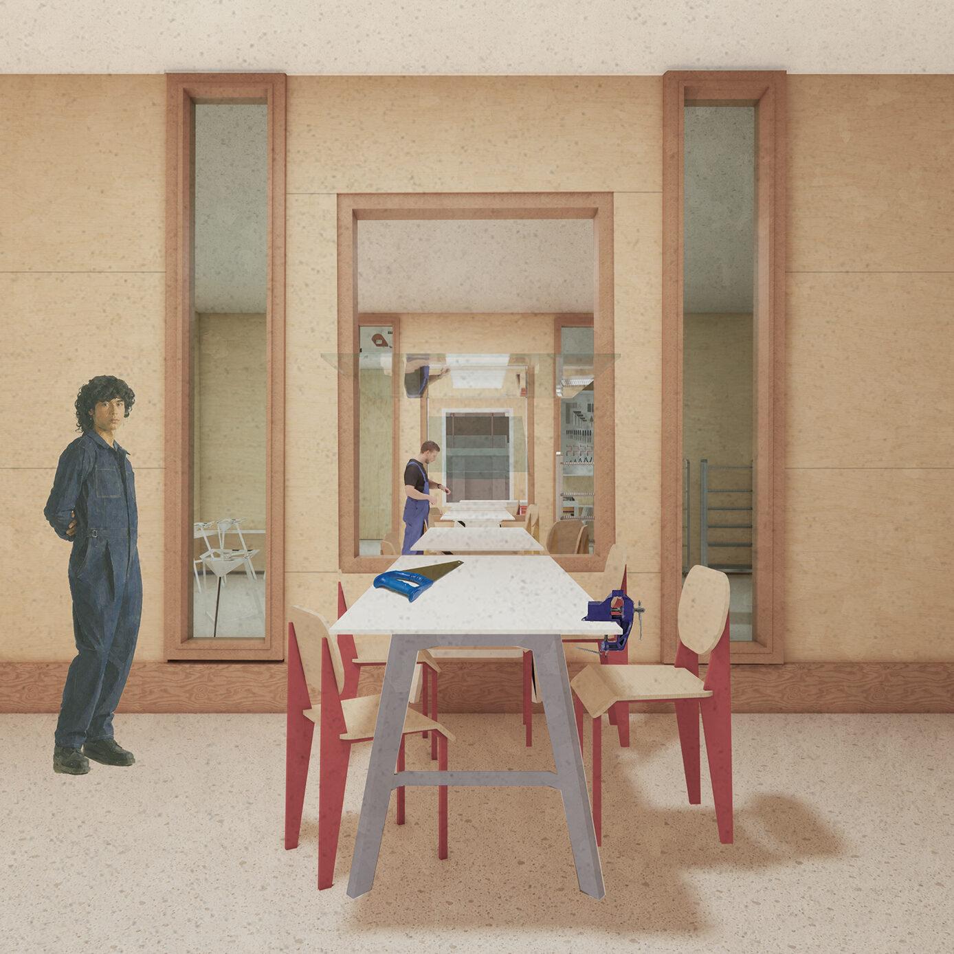 A render of the window view in the workshop