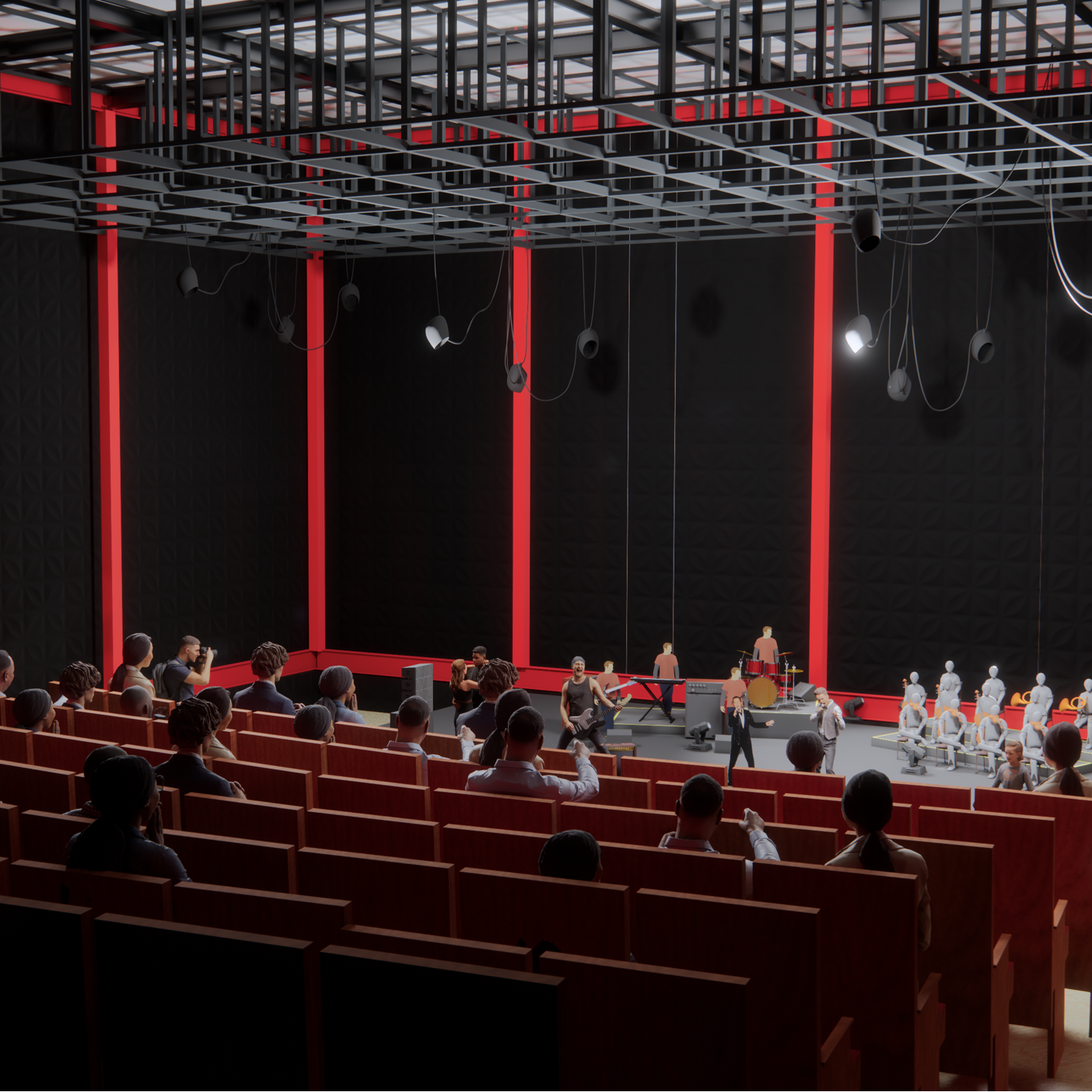 This project redefines a community theatre by thoughtfully integrating a supportive homeless shelter within the same building fabric to foster social connection and shared dignity. The auditorium design features warm, terraced timber seating facing an intimate stage, all framed by striking vertical bands of glowing red light that bring a hopeful, electric energy to the space. This venue reflects Shrestha's design creating beautiful, living sanctuaries that serve the entire community and offer a sense of belonging to everyone who walks through the doors.