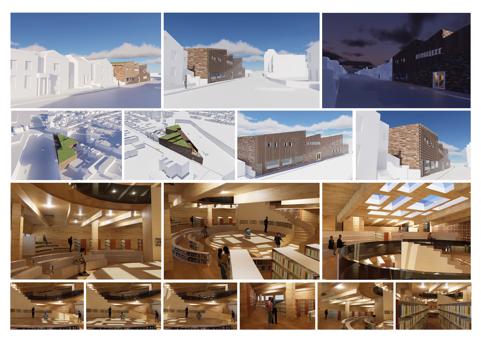 Digital render of 'Archive of The Soul' showcasing the interior and exterior perspectives (and the buildings function as a library)