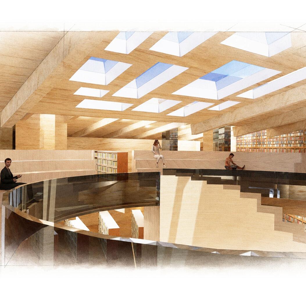Interior render of the atrium and reading spaces. Lightwells enable natural light into this primary space.