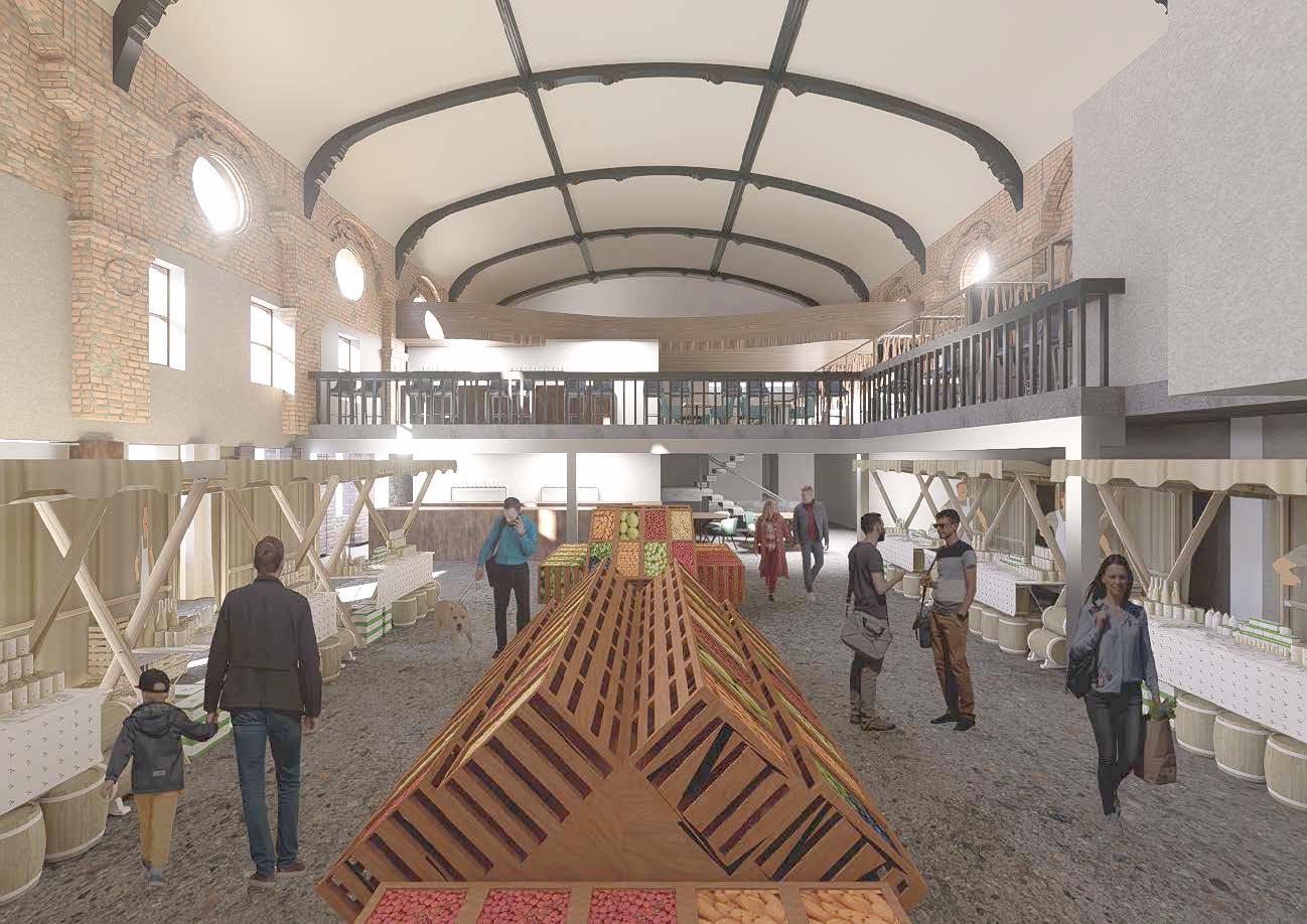 View of farmers market stalls & mezzanine