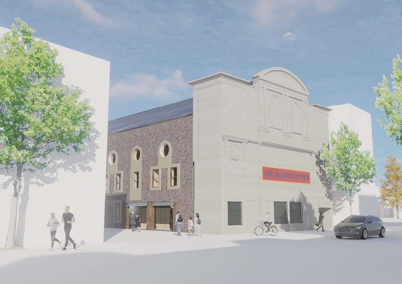 View of the former Gaumont Cinema in Kentish Town. A users perspective from someone standing across the opposite side of Prince of Wales Road. The restoration of the south facade and its ‘The Old
Box Office’ pub signage can be viewed from this perspective.