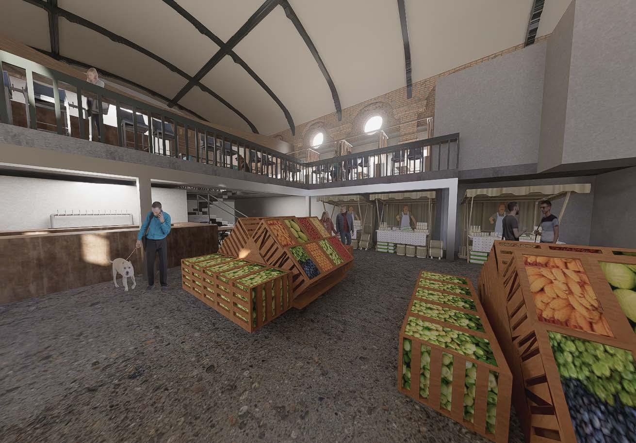 View of farmers market stalls & mezzanine