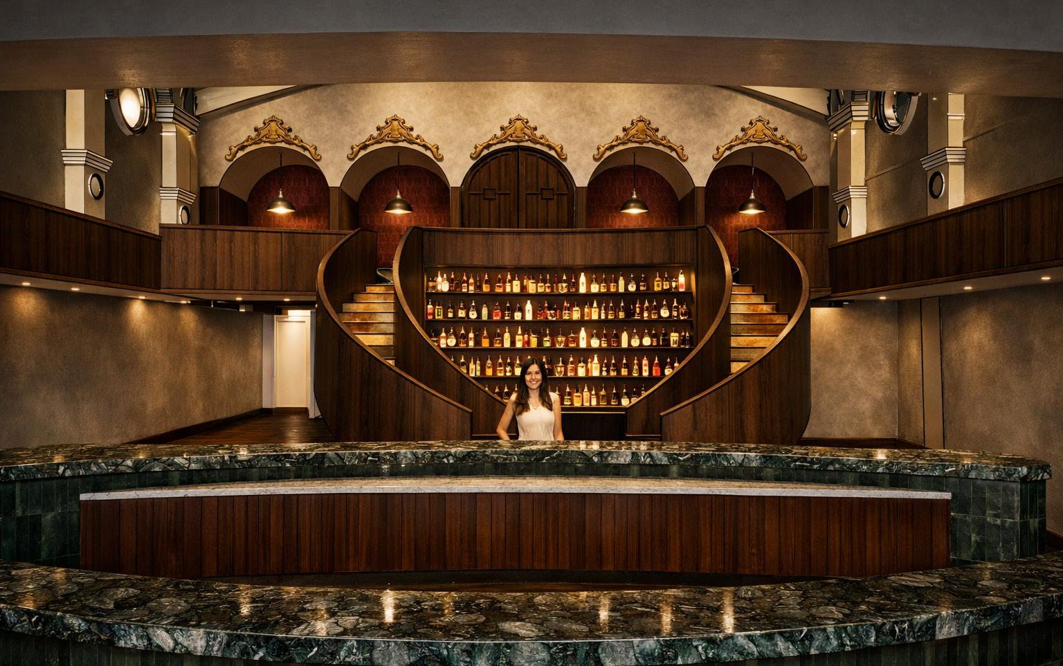 Interior perspective of the bar and grand staircase