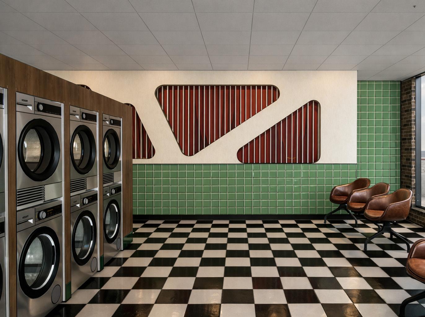 Interior perspective of laundromat with the corridor visible