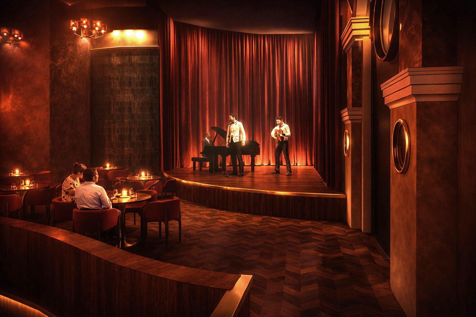 Interior perspective of dining area and performance stage